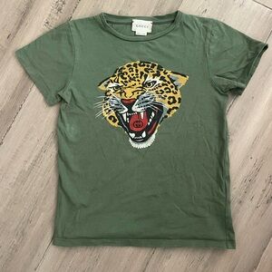 Gucci Green Short Sleeve Tee with Fierce Leopard Graphic